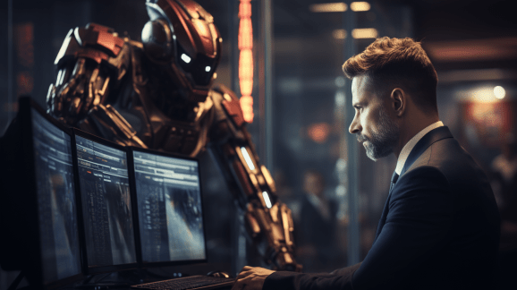 A reddish robot observes a bearded masculine presenting stock trader working at his desk with a triple monitor setup.