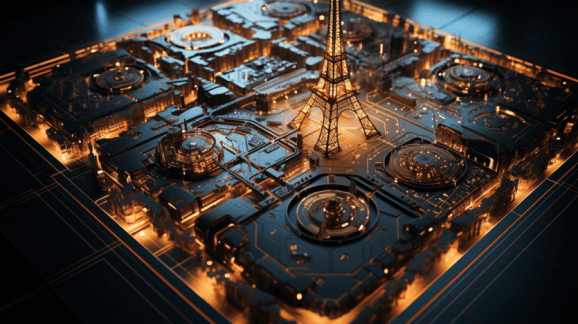 Aerial shot of the Eiffel Tower in Paris surrounded by a landscape of glowing circuitry.