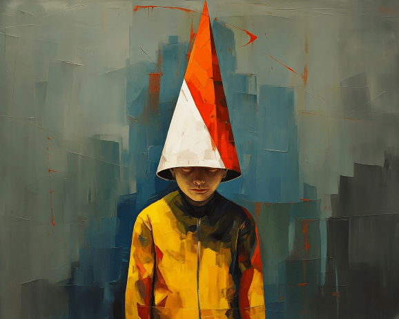 Abstract painting of a child in a dunce cap.