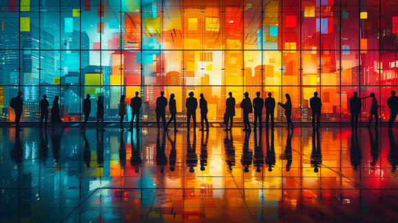 Silhouettes of office workers standing before a multicolored glass windowed wall